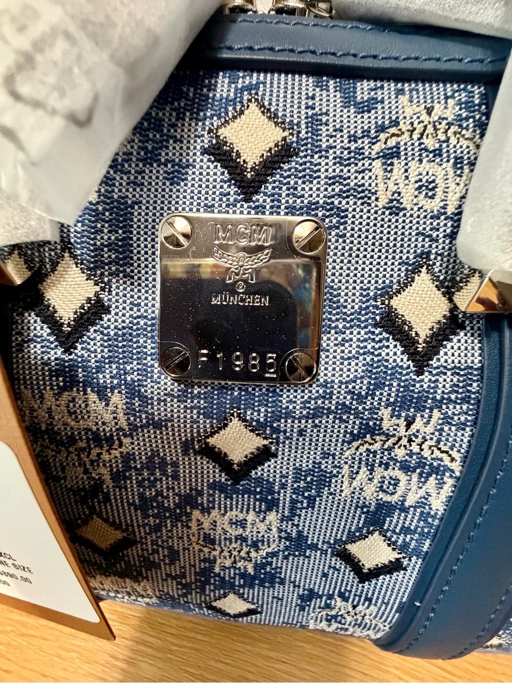 MCM Blue Visetos Jacquard Boston Bag Small w/ Strap & Dust Bag - Picture 9 of 9